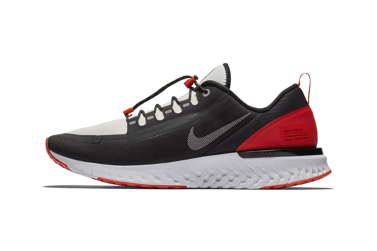 Nike Odyssey React Shield NRG "Black/Habanero Red" release date info price sneaker colorway running sportswear runner traction 