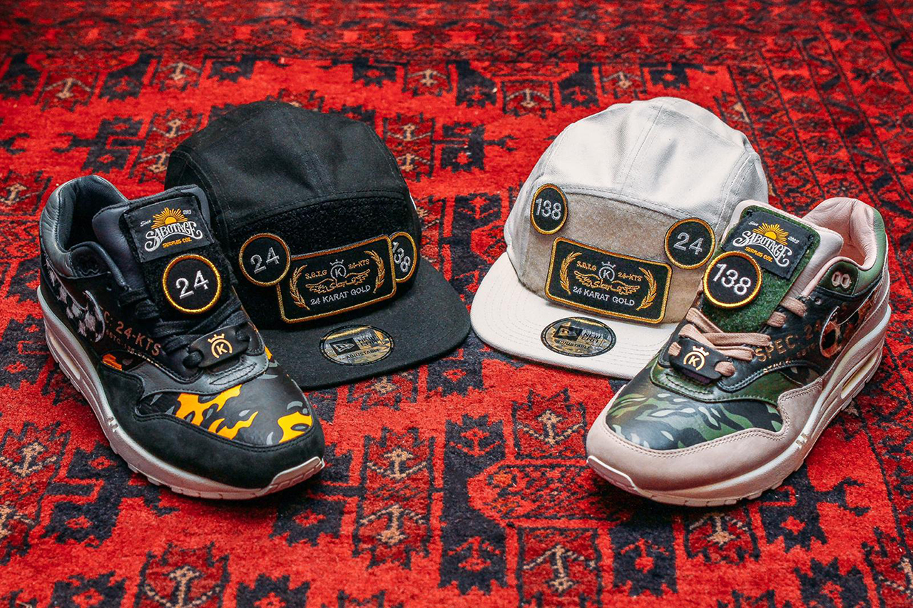 24 Kilates Nike Air Max 1 Custom Pairs Sneakers Sabotage SBTG Singapore Artist Customiser Stampede Collection The Mine Bangkok Thailand New Era Cap Design X Ray Camouflage Velcro Patches Military Inspired  