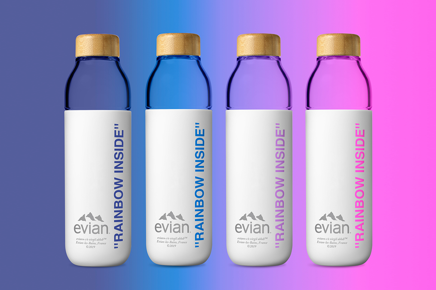 virgil abloh's limited edition glass bottle for evian drops in new york