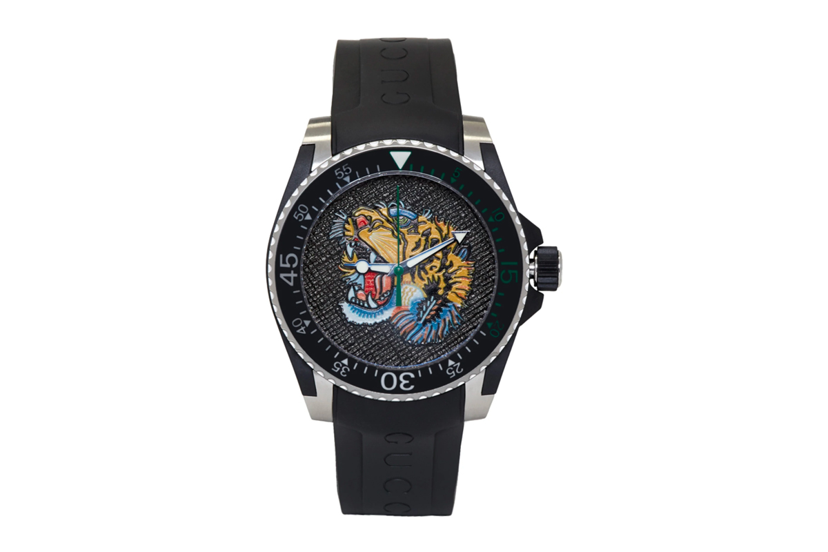 Gucci Tiger Emblazoned Dive Watch Release Info black silver swiss made switzerland ssense timepiece watches 