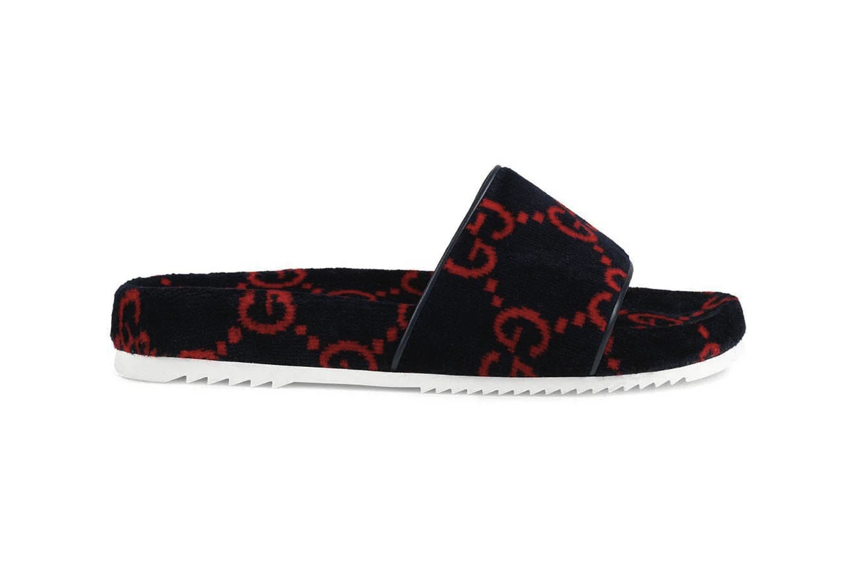 Gucci Monogram Sideline Slides Release Buy Red Black Terry Cloth