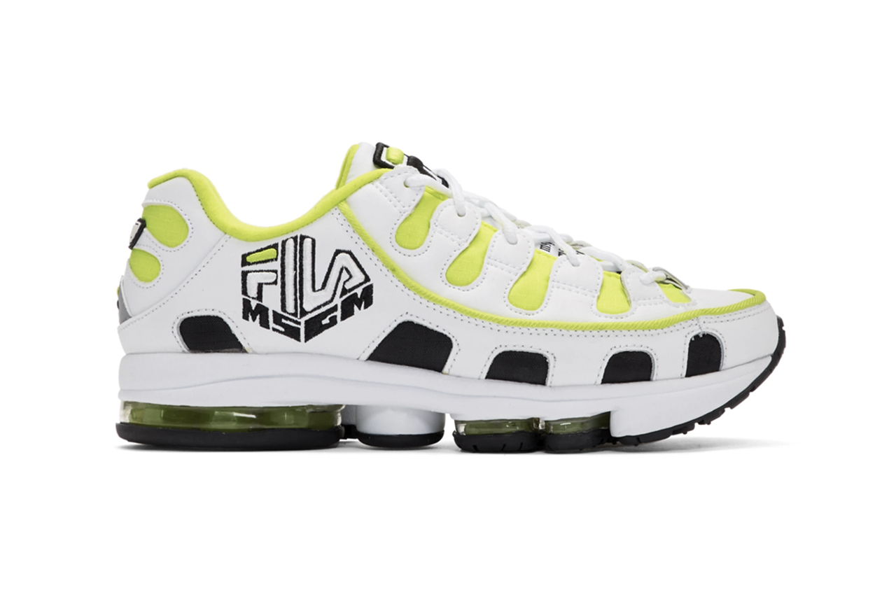 MSGM x Fila Edition Silva Trainer Sneakers Release Information Black Red White Neon Yellow Ripstop Faux Leather Faux Suede 3M Reflective Tonal Trim 2A Technology