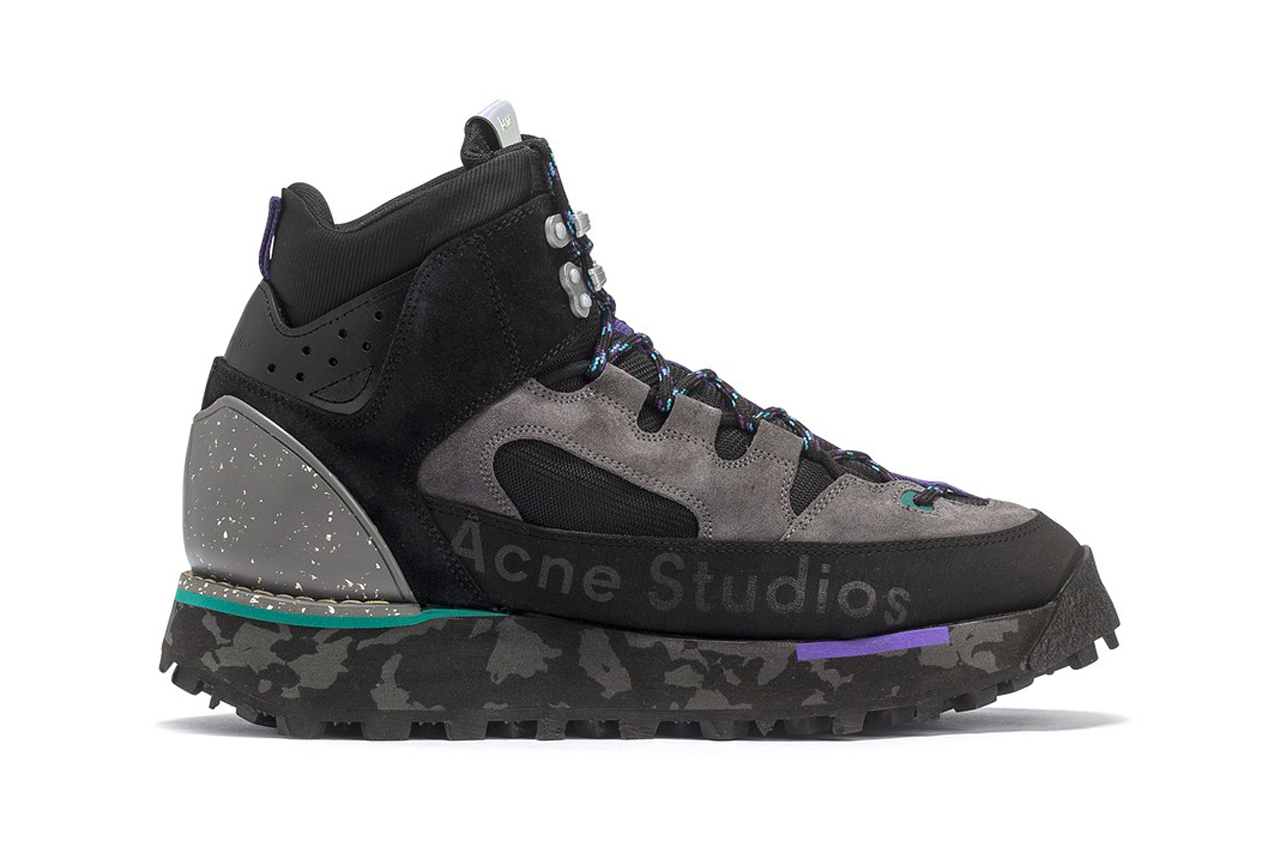acne studios bertrand trekking boots berton logo printed leather suede sneakers fall winter 2019 black grey purple colorway release 
