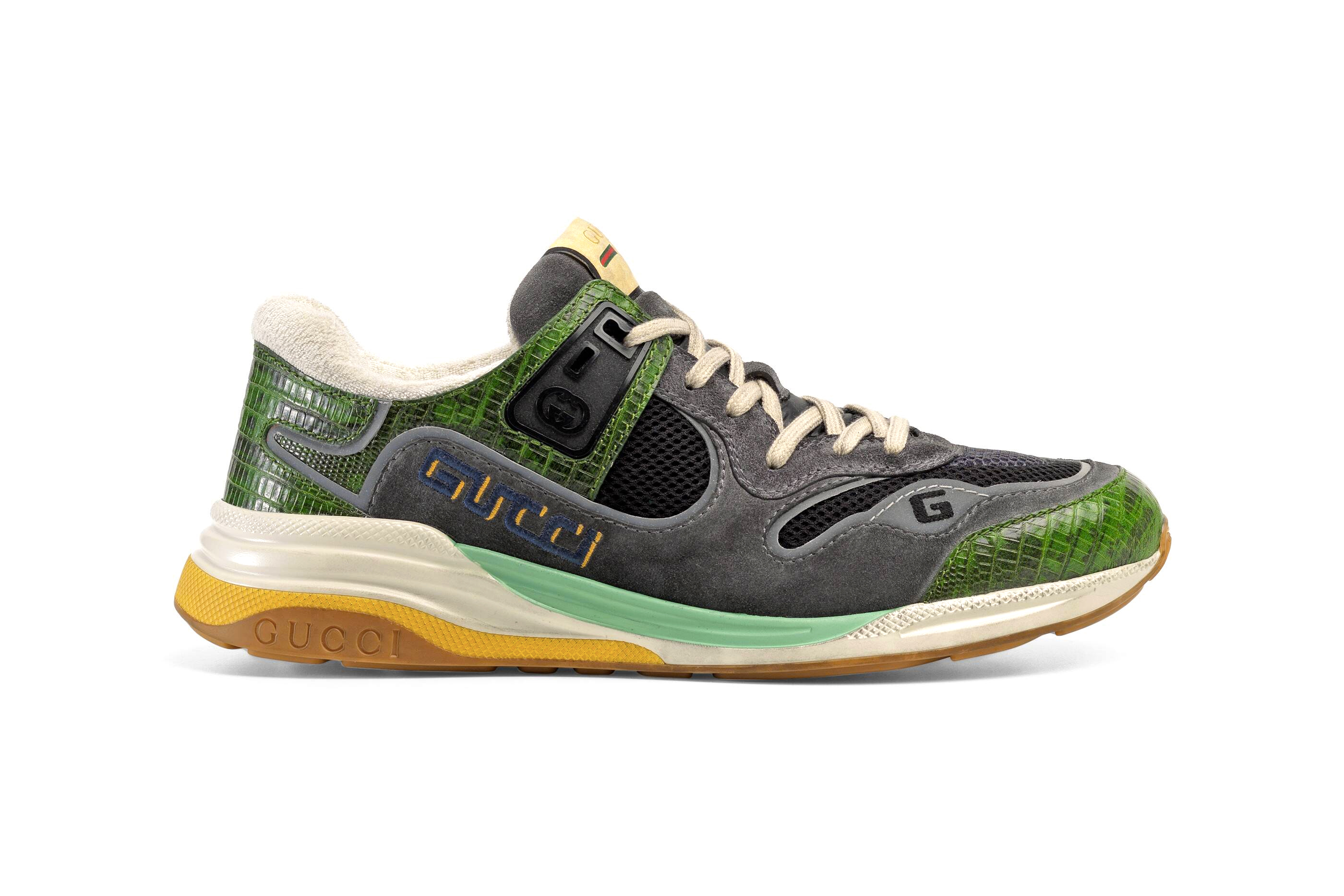 Gucci UltraPace Mixed-Materials Sneaker Green pattern multi leather hand painted sole vintage logo interlocking G detail footwear shoes designer footwear