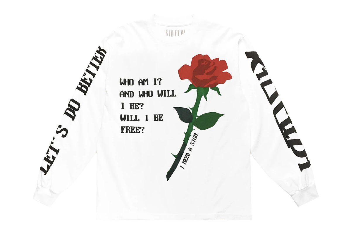 Kid Cudi & Cactus Plant Flea Market Drop New Graphic Shirt text black white rose release Passion, Pain & Demon Slayin’