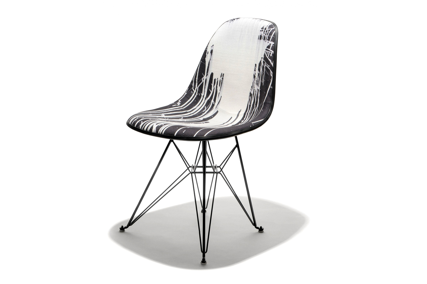 Krink Modernica Fiberglass Shell Chair Case Study Furniture Dripping black white edge trim eiffel base logo new york brooklyn upholstered metal tonal