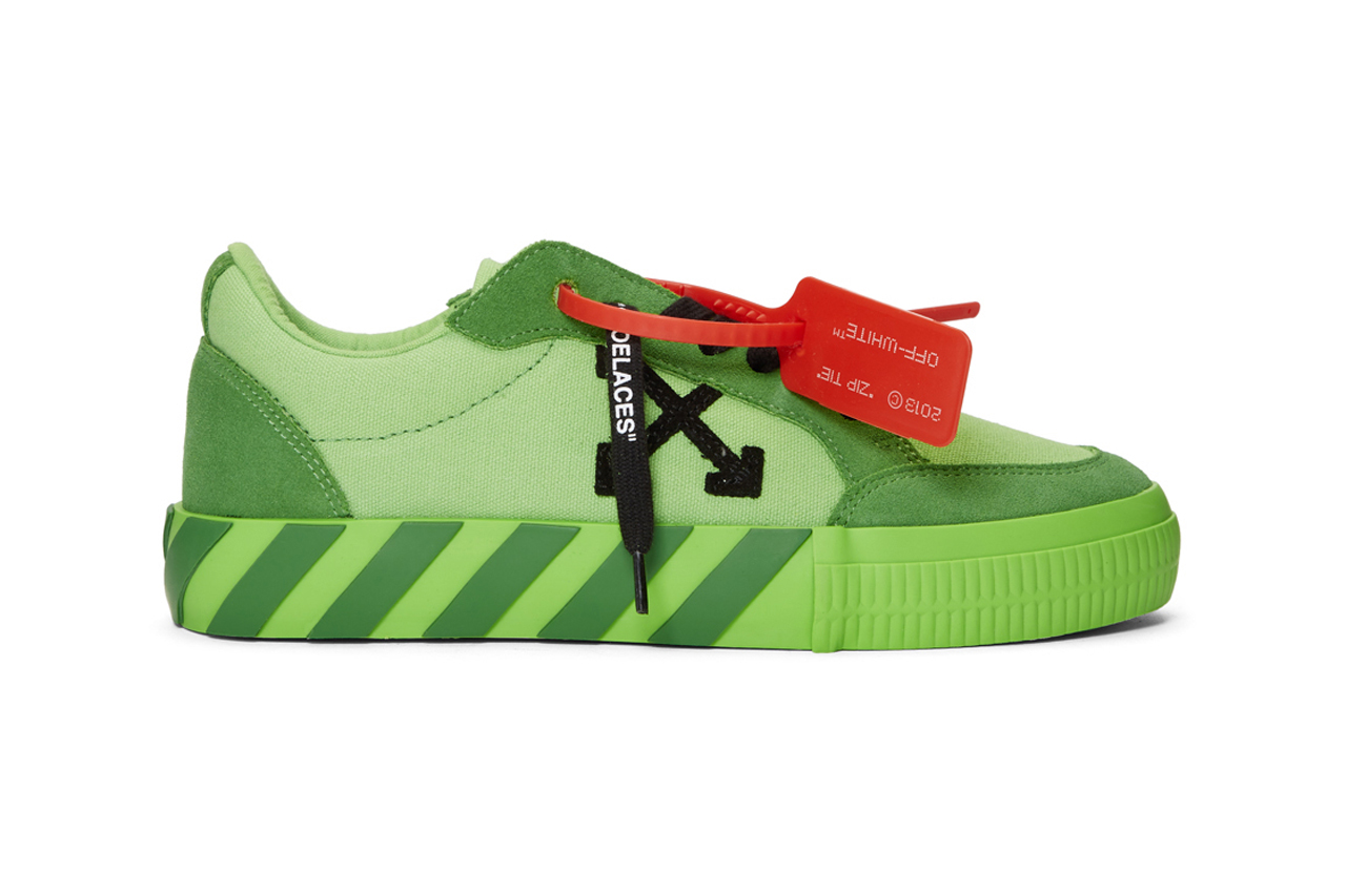 off white ssense exclusive low top vulcanized sneakers green yellow blue release 
