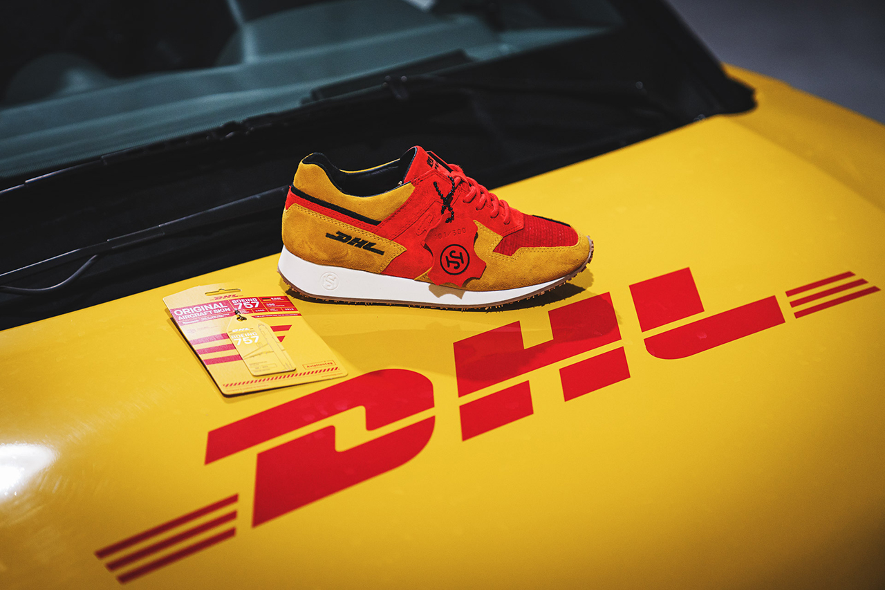 SONRA proto DHL-1 Budapester Shipping Company Sneaker Release Information Collaboration Hikmet Sugoer Recycled Sustainable Red Bags Tags Aviation Tag Boeing 757 300 Pairs Worldwide