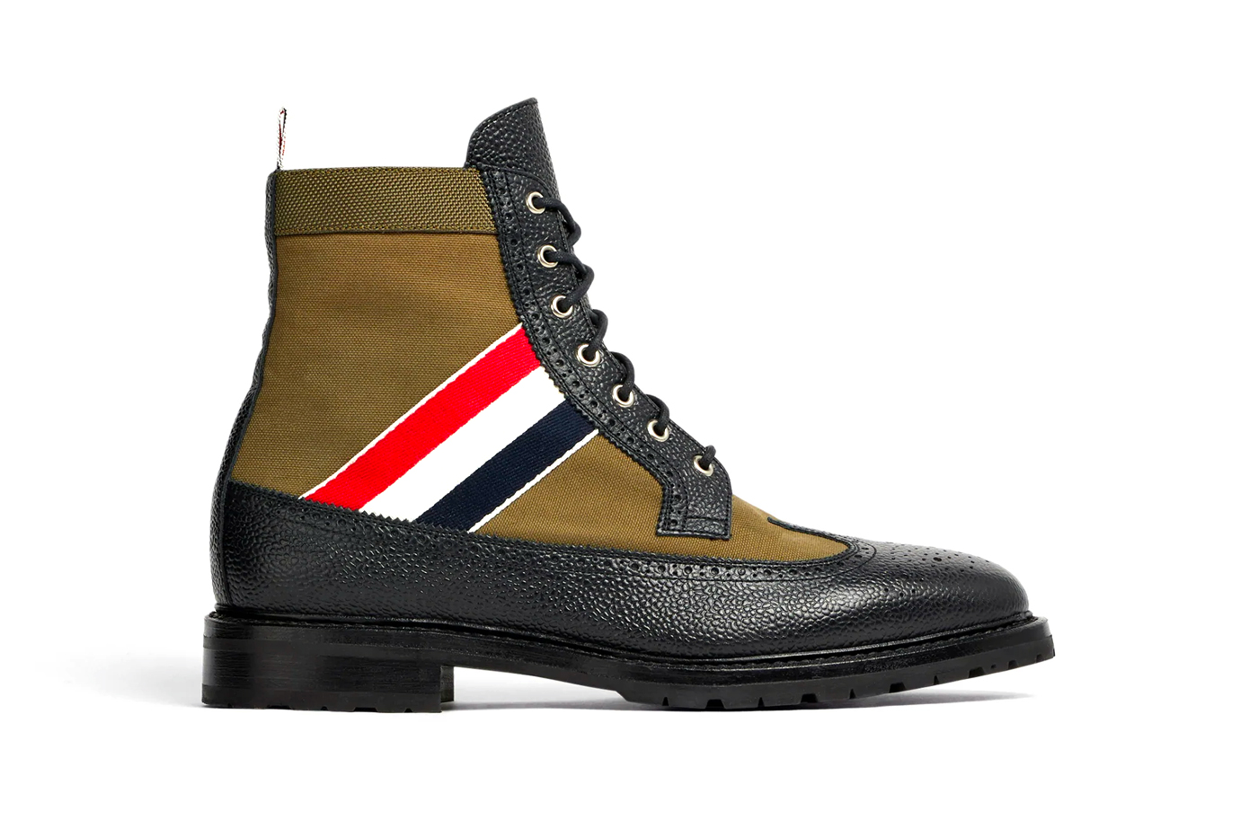 Thom Browne RWB Webbing Longwing Boot navy green red white blue tricolor canvas pebble grain leather waxed canvas upper lace up fastening calfskin lining