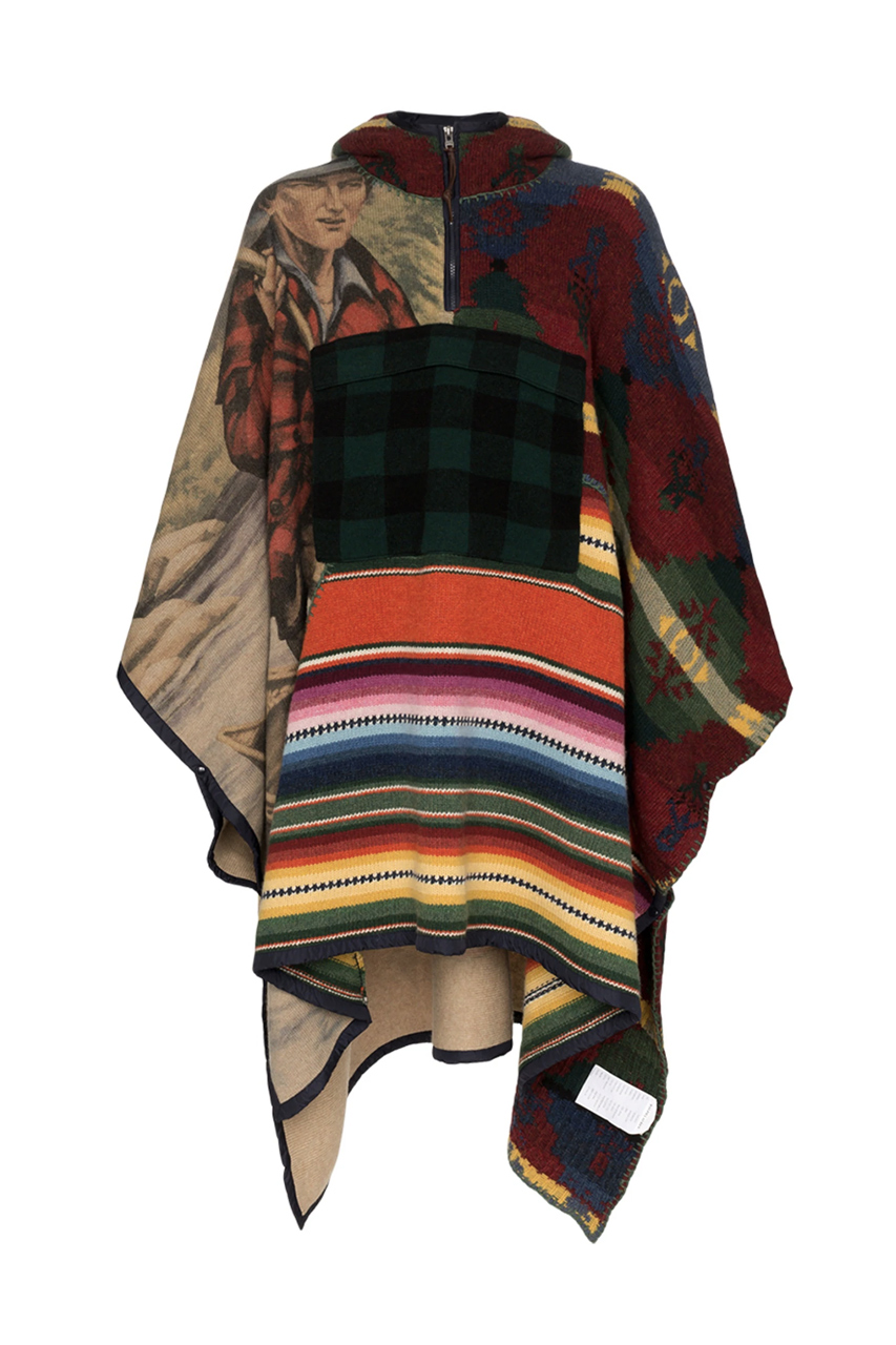 Polo Ralph Lauren Hooded Patchwork Poncho sportsman graphics 1990 multi colored wool cashmere americana navajo stripes plaid cowboy