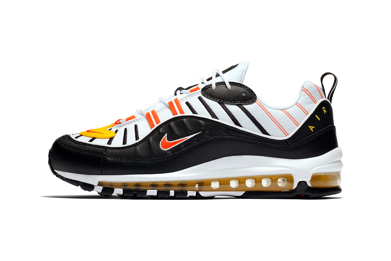 nike air max 98 Black White Chrome Yellow Bright Crimson style 640744 016 orange colorway release halloween candy corn inspired sneakers 
