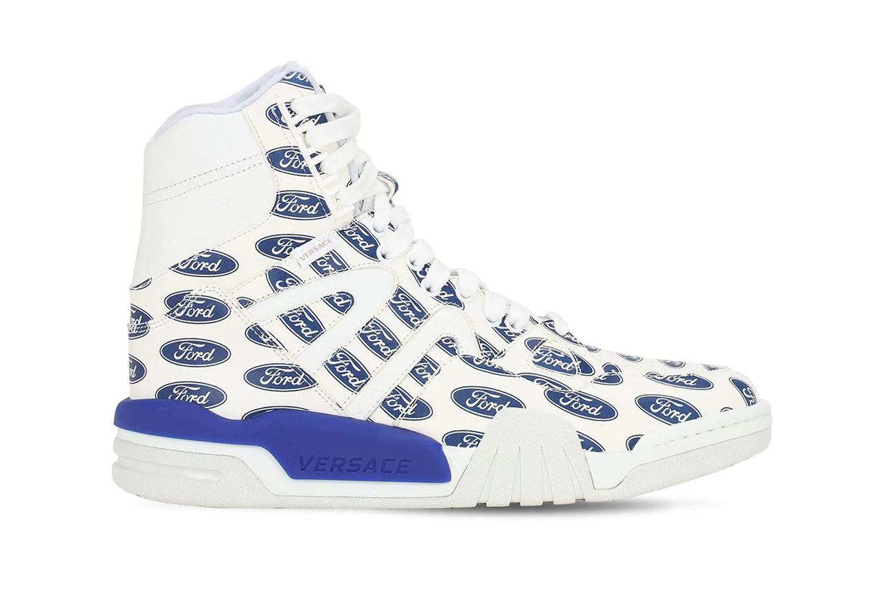 Versace Ford Print High Top Sneakers Leather White Blue Fall/Winter 2019
