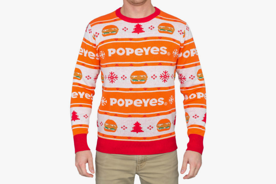Popeyes Chicken Sandwich Ugly Christmas Sweater Release Info Buy Burger Seasonal Festive Period Gift Guide Funny Jumpers Print Louisiana Fast Food 
