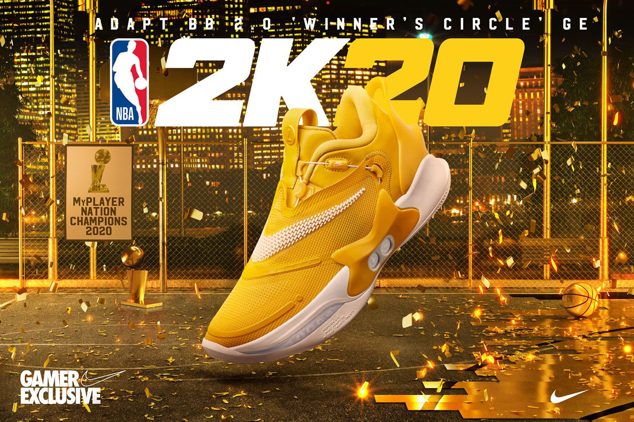 nike basketball nba 2k20 adapt bb 2 0 winners circle gold yellow blue white official release unlock date info photos price store list myplayer finals