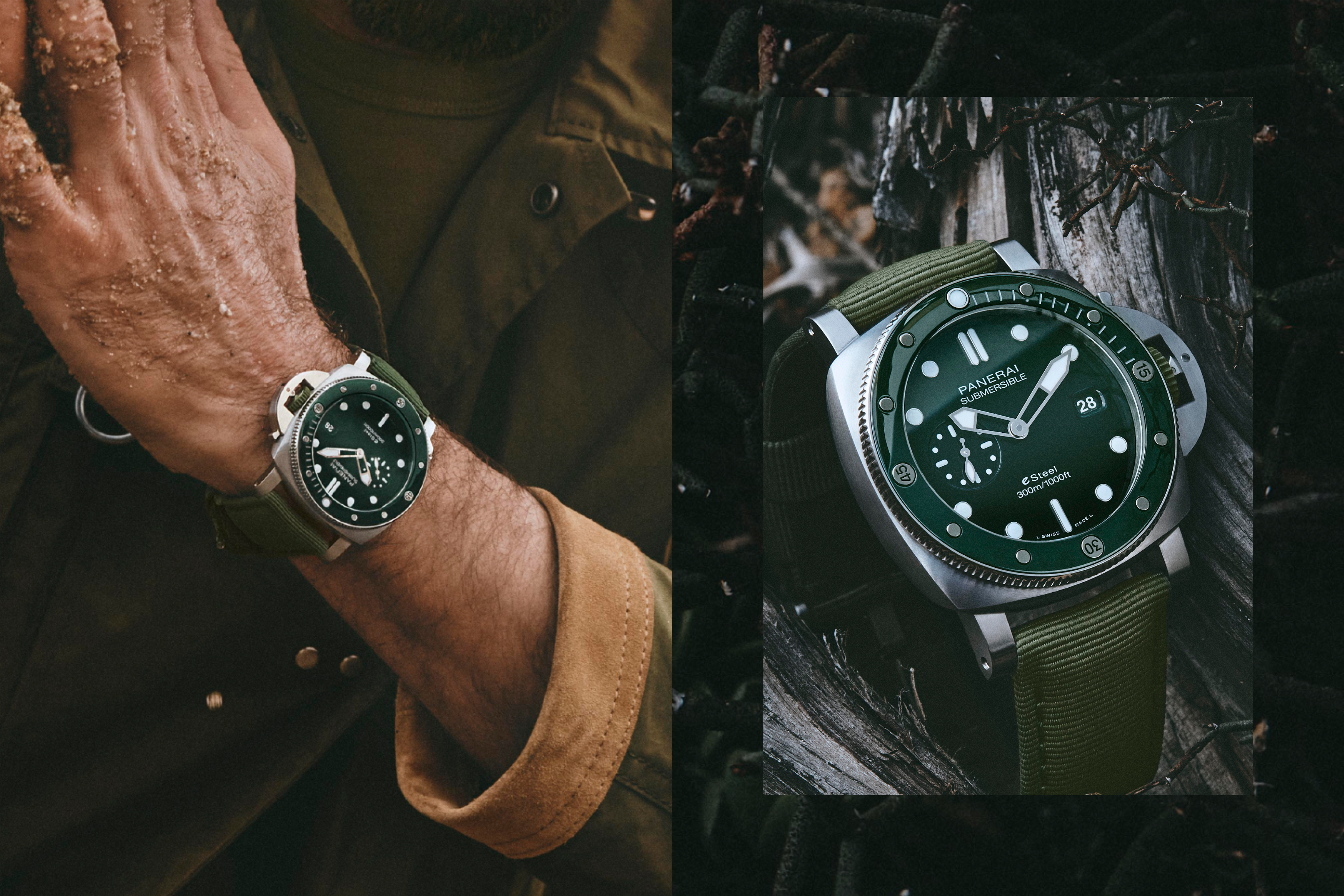 Panerai Submersible Collection Eco-Friendly Eco-Conscious Recycled Repurposed Timepieces  eLAB-ID™️ QuarantaQuattro eSteel™️ Grigio Roccia and QuarantaQuattro eSteel™️ Verde Smeraldo