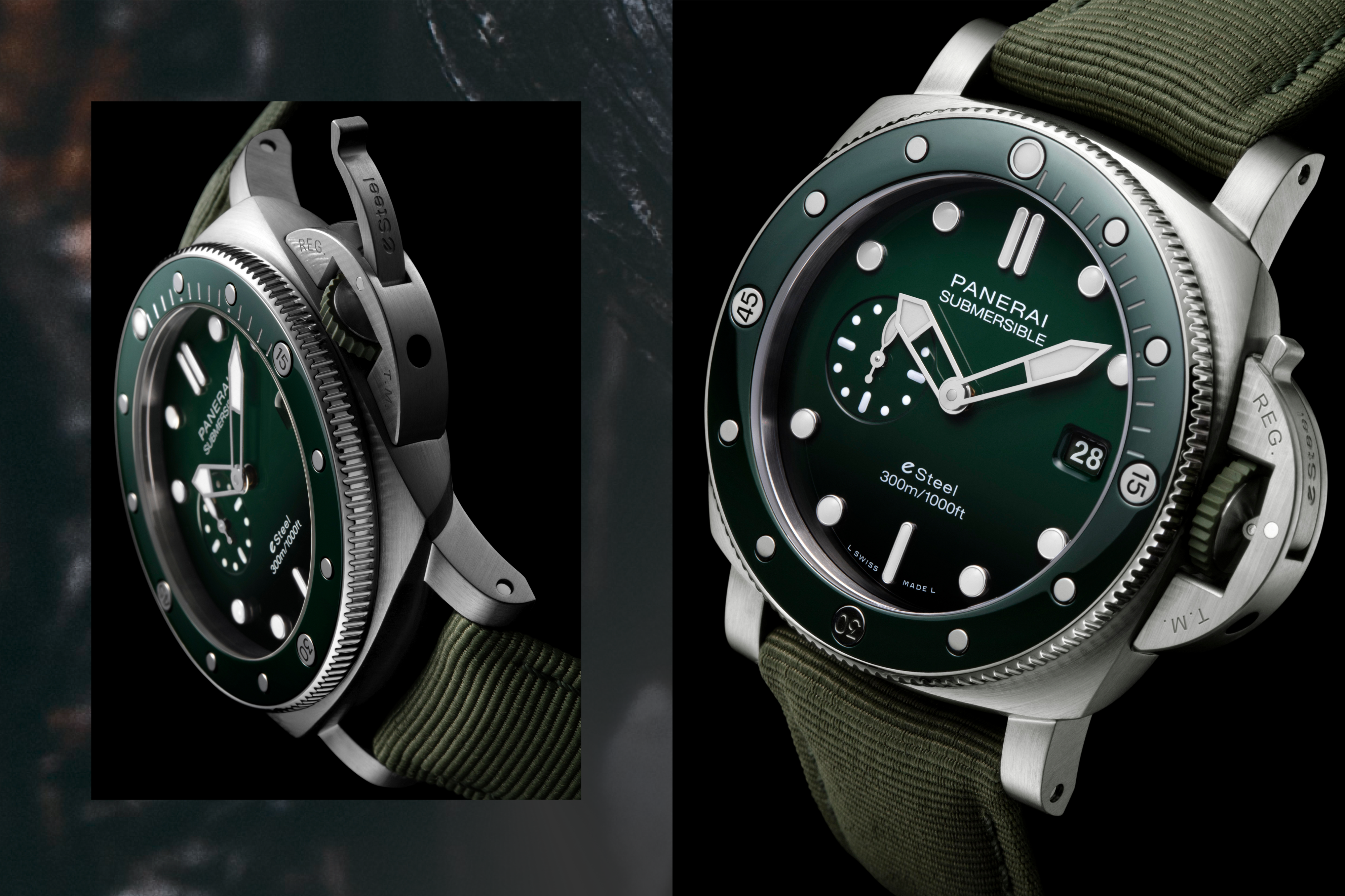 Panerai Submersible Collection Eco-Friendly Eco-Conscious Recycled Repurposed Timepieces  eLAB-ID™️ QuarantaQuattro eSteel™️ Grigio Roccia and QuarantaQuattro eSteel™️ Verde Smeraldo